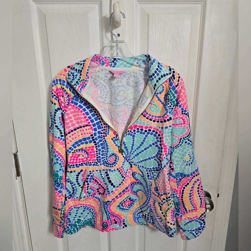 Lilly Pulitzer Womens UPF 50+ Skipper Printed Popover Multi Tile Wave Size XS